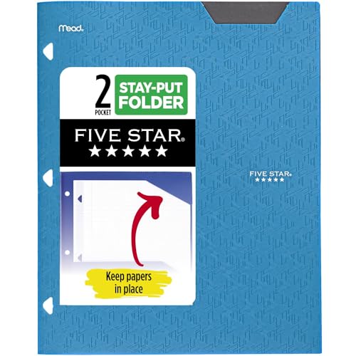 Image of Five Star 2-Pocket Folder, Plastic Folder with Stay-Put Tabs, Fits 3 Ring Binder, Holds 8-1/2" x 11" Paper, Blue (333420H-ECM)