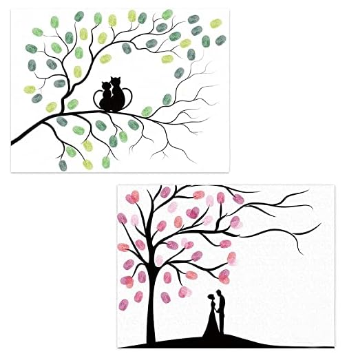 EQELF Huella de árbol, cartel de lona de firma decoración de pintura de huellas dactilares de bricolaje con almohadillas de tinta de colores, 2 juegos