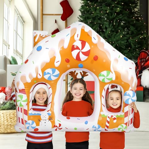 Image of Colingmill 55 Inch Christmas Gingerbread House Photo Frame Inflatable Balloon Decorations Photo Backdrop Booth Selfie Frame Background for Xmas Gift Party Supplies