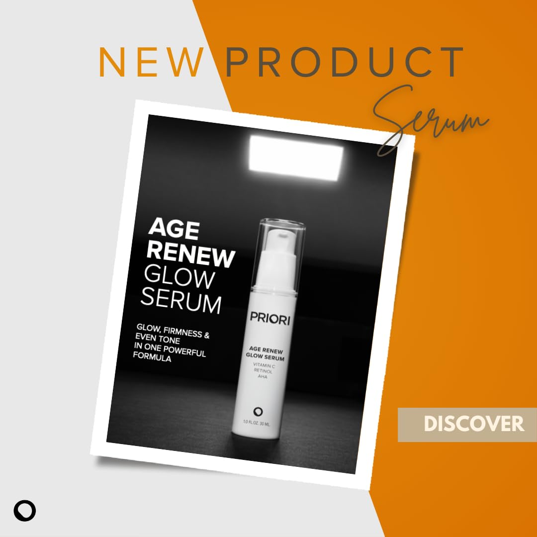 Priori Skincare Age Renew Glow Serum, Vitamin C, Retinol, AHA, Advanced Anti-Aging Radiance Boosting Formula, Dark Spot & Wrinkle Reduction, Firmness, Glowing Complexion, 1 fl oz