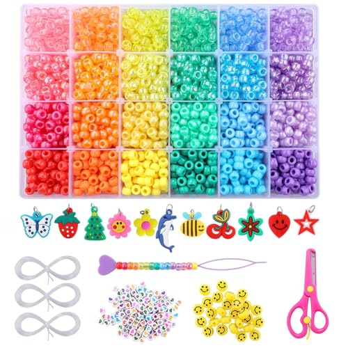 Image of 3277+pcs Pony Beads Kit 24 Color Rainbow Plastic Pony Bead Heart Beads Elastic String Kandi Bead for Braids Cute Charm DIY Crafts Jewelry Making Kit for Bracelets Necklaces