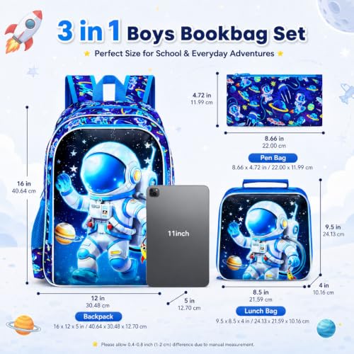 Image of WZLVO 3PCS Kids Astronaut Backpack for Boys, 16 inch Cool UV Printing Bookbag /School Bag with Lunch Box & Pencil Bag for Preschool to Elementary - Astronaut Waving