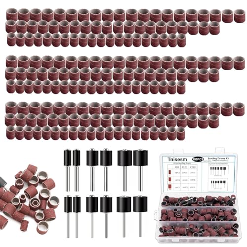 Image of Tnisesm 210Pcs Aluminum Oxide Sanding Drum Set,Including 198 Pieces 80 120 240Grit Drum Sander Sanding Sleeves and 12 Pieces Drum Mandrels for Dremel Rotary Tool,Sanding Drums with Box