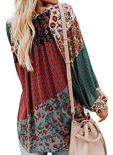 FARYSAYS Women's Fashion 2019 V Neck Long Sleeve Boho Floral Tee Shirts Casual Loose Blouse Tops Multicolored Large