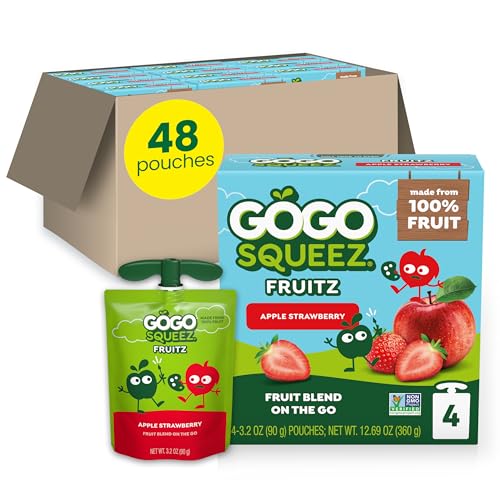GoGo squeeZ Applesauce and Fruit Puree, Apple Strawberry, 3.2 oz (Pack of 48), Unsweetened Fruit Snacks for Kids, Gluten Free, Nut Free, Recloseable Cap, BPA Free Pouches (Packaging May Vary)