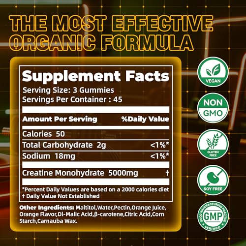 Image of Creatine Monohydrate Gummies, NSF Certified Creatine Gummy, 5g Dose for Men & Women to Support Muscle, Strength, Recovery, Cognitive Health & Memory, Orange Flavor, 135 Gummies