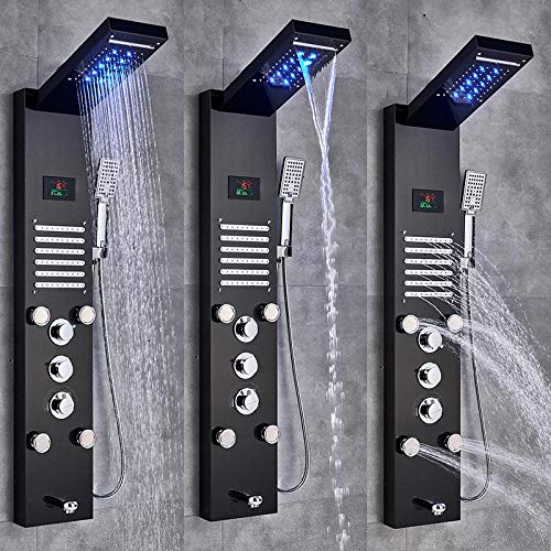 Columna de ducha con panel de lluvia, cascada y LED, mezclador termostático, torre de grifería para baño con ducha de mano — Negro miniatura 3