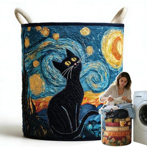 Image of Cat Quilted Laundry Basket - 18 inch /22 inch /28 inch, 2026 Large Quilted Cat Laundry Basket with Handles, Cozy Cat Fabric Storage Hamper for Nursery, Bedroom, Laundry Room, Clothes & Toys (2, S 14 inchX18 inch)