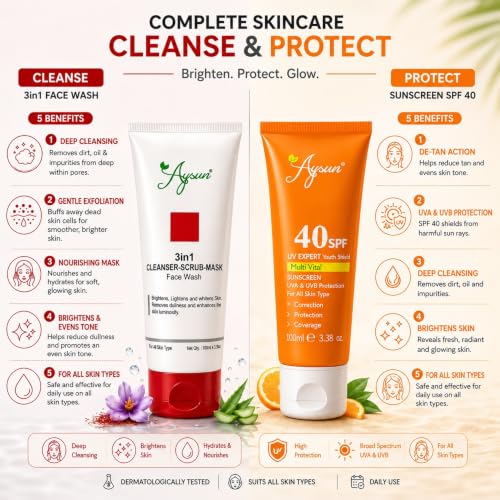 Image of Aysun 3-in-1 Cleanser Scrub Mask Face Wash (100ml) + SPF 40 Multi Vital Sunscreen (100ml) | Deep Cleansing, Exfoliation & Daily Sun Protection | Suitable for All Skin Types | Combo Pack Of 2