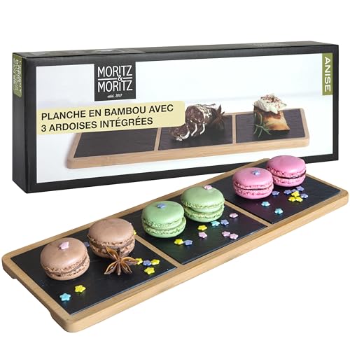 Moritz & Moritz Plateau en ardoise 33 x 12 cm – Plateau en bambou avec inserts en ardoise – Pour servir et présenter
