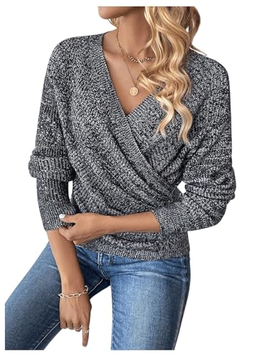 Image of SOLY HUX Women's V Neck Long Sleeve Off Shoulder Sweaters Criss Cross Wrap Ruched Pullover Fall Tops
