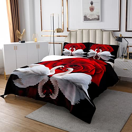 Erosebridal White Swan Bedspread Red Rose Quilted King Size,Birds Wildlife Coverlet Set,Romantic Wildlife Quilt Set Couple Bedroom Decor For Adult Lady Man, Wedding Festival Party Decor #TOP2