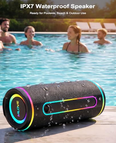 Image of MLOVE E80 Speakers Bluetooth Wireless, Portable Bluetooth Speaker with Aux Input, Micro SD Card Slot, Bass Up, TWS, RGB Lights, IPX7 Waterproof, BT5.4 for Outdoor, Car Music, Beach, Gifts, 30W, Black
