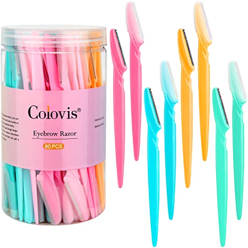 Colovis-80-PCS-Eyebrow-Razor-Dermaplaning-Tool-Face-Razors-for-Women-and-Men-with-Precision-Cover-Multipurpose-Facial-Eyebrow-Hair-Soft-Fur-Removal-Disposable-Blades-4-Colors