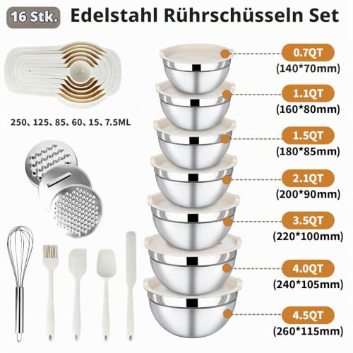 BEWOS 16-Stück Rührschüssel Set mit Deckel - Edelstahl-Rührschüssel, Nistend Design & Spülmaschinenfest, inkl. Reiben, Größen 0,7/1,1/1… – Ansicht 2
