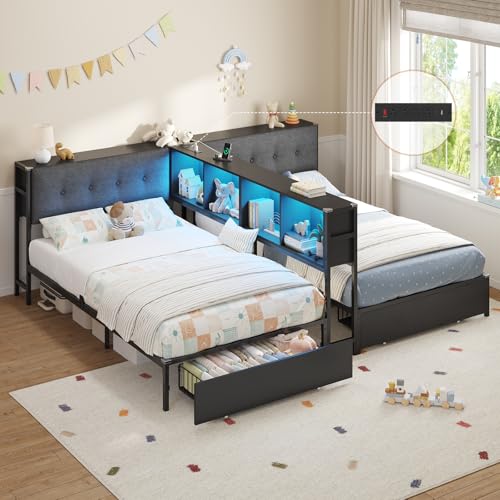 DICTAC Twin Beds for 2 Kids with Storage Bookcase Divider Charging Station and LED Lights Double Twin Bed with 2 Large Drawers and Headboard Storage Metal Platform Bed for Shared Bedroom Black