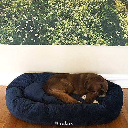 Image of Majestic Pet Personalized Bagel Dog Bed - Machine Washable - Soft Comfortable Sleeping Mat - Durable Supportive Cushion Custom Embroidered - Available Replacement Covers - Small Navy Blue