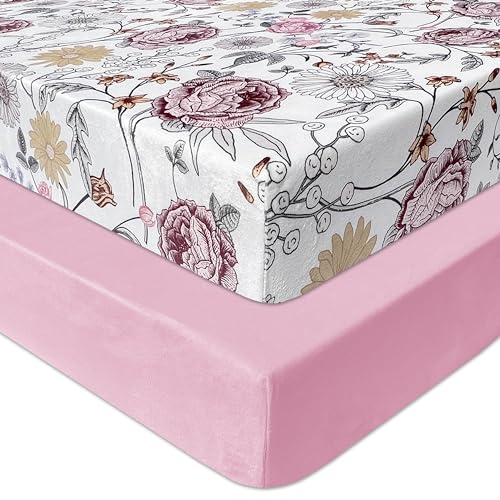 AMROSE 2 Pack Microfleece Crib Sheets, 28'' X 52'' Flannel Fleece Crib Fitted Sheets for Crib and Toddler Mattress Pad, Soft Comfy Warm Crib Sheets...