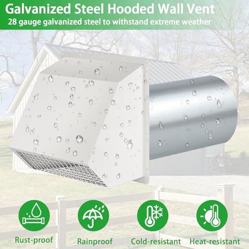 Image of 3 Inch Dryer Vent Cover Outside,Wall Vent Exhaust Vent Cover Exterior 3 inch Dryer Vent Cover Outdoor Dryer Vent Hood Cap for Bathroom Exhaust,Hooded Wall Vent with Screen & Damper,Galvanized Steel,White