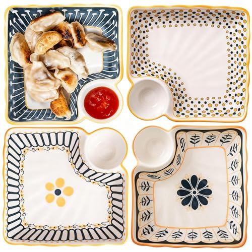 Noamus 4 Pack Dumpling Plate with Dipping Saucer, 7.5