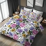 Watercolor Floral Double Bedding Set 3 Piece, Bedroom Decor Duvet Cover and 2 Pillowcases, Nature Colorful Flower Quilt Cover with Zip, Ultra Soft Microfibre YH-G3