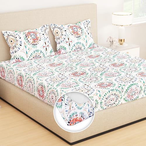 Story@Home Fitted Bedsheets King Size Cotton Feel, All Around Elastic Bedsheet with 2 Pillow Covers 78" X 72", (Motif, Melon Mist), Multicolor, 210 TC