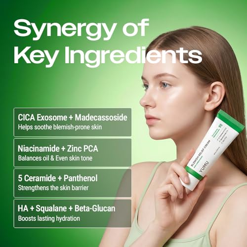 Image of YUMU Cica Exosome Zinc Blemish Relief Cream, Face Moisturizer for Sensitive, Acne-Prone Skin, Lightweight, Breakouts, Barrier Repair, Hydration, Soothing, Oil-Free, Korean Skincare (80 ml /2.70 fl.oz.)