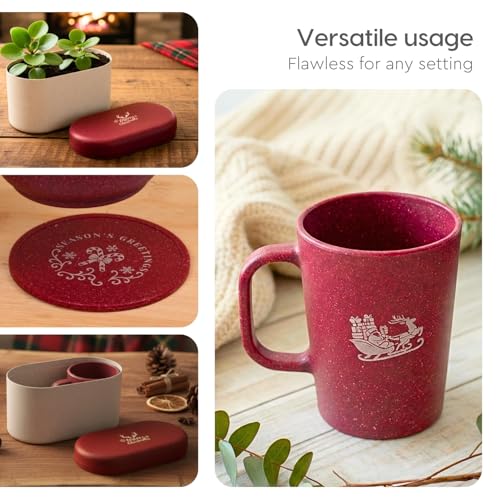 Image of Eha Earth-Friendly Christmas Gifts for Friends and Family | Secret Santa Gifts | Made with Rice Husk | Printed Christmas Mug and Coasters Set of 2, Keychain & a Loopac Box | 350 ml | Coral