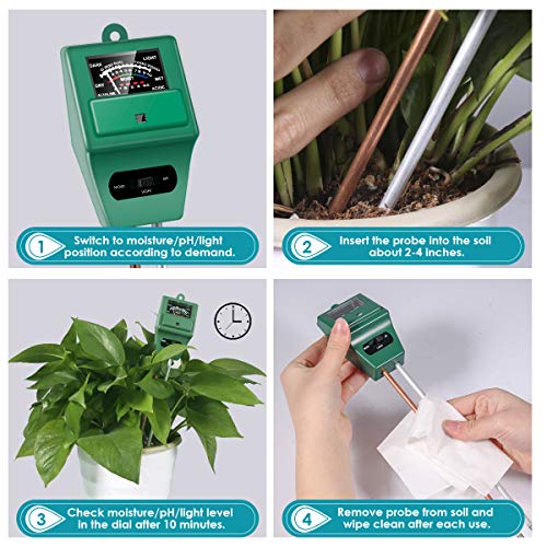 HAYI Soil pH Meter, 3-in-1 Soil Moisture/Light/pH Meter, Moisture Meter for Plants, Digital Soil Test Kit, Plant Moisture/Light/pH Meter Indoor & Outdoor, No Battery Required