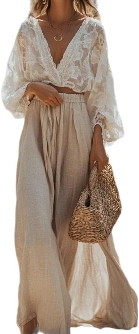 Women Lace Cotton Linen Two Piece Set V Neck Long Sleeve Top Pants Casual Outfit