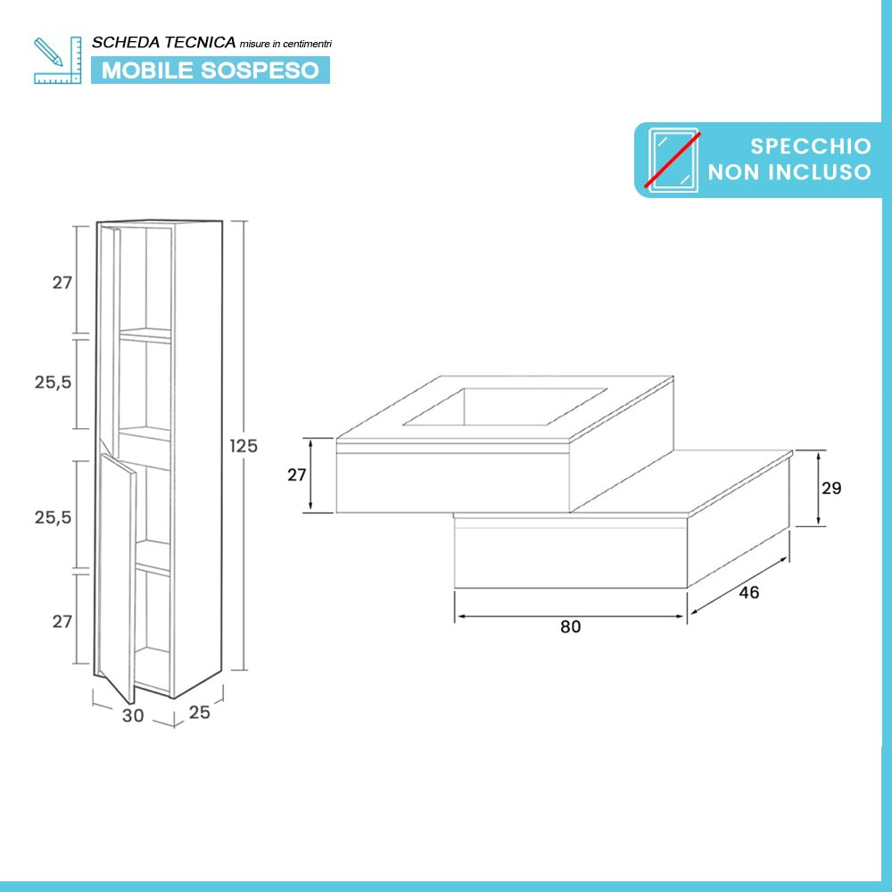 Inbagno Mobile Bagno Sospeso 80 cm Rovere Naturale – Composizione Modulare Con Lavabo In Ceramica, Cassettiera E Pensile Reversibile 125 cm – Linea Nadia