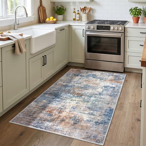 IOHOUZE Abstract Area Rug 3x4 Ft Washable Rugs for Entryway Indoor, Non Slip Kitchen Rug Printed Faux Wool Throw Rugs, Indoor Door Mat for Door Entrance Foyer Living Room, Blue Rust by IOHOUZE - Used condition - Image 2