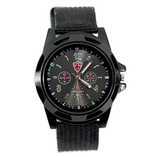 TAPORT® Montre ronde tactique militaire à quartz avec bracelet en toile noire et cadran noir