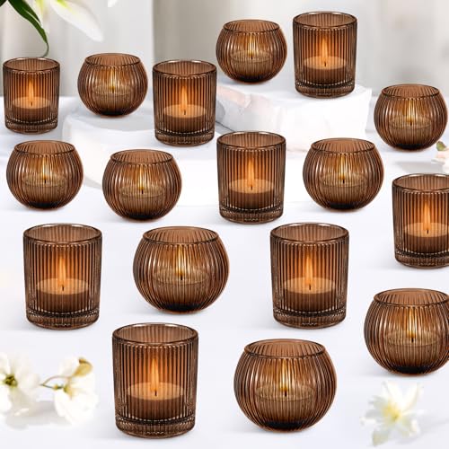 30 Set Amber Tea Light Candle Holders, Glass Ribbed Votive Holders Bulk for Wedding Decoration, Assorted Tealight Candle Jars for Dining Table Centerpiece Birthday Party Home Decor Gift