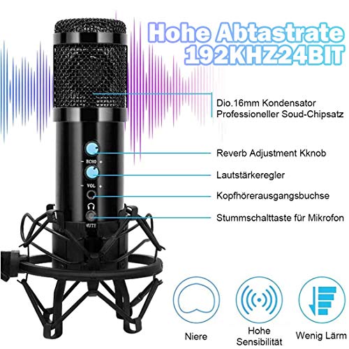USB Mikrofon, Kondensator Mikrofon Kit mit One Touch Stummschaltung & Mikrofonständer Mikrofonarm Popschutz für… – Bild 4