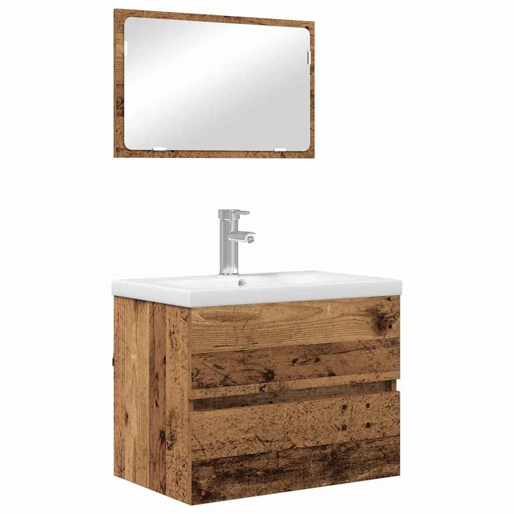 Juego de muebles de baño de madera recuperada, 61 x 39 x 45 cm, con lavabo y espejo, 2 cajones, mueble de baño, soporte de madera, diseño moderno para pequeños baños e invitados