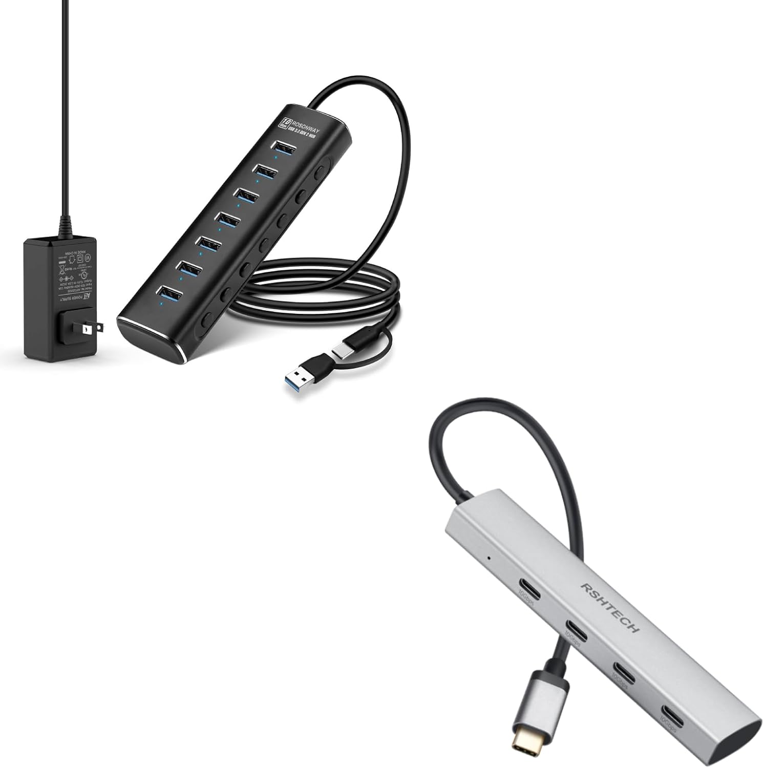 Rosonway 7-Port USB 3.2/USB C Hub 10Gbps with 3.3ft USB-A/USB-C Data Cable+ RSHTECH 4-Port USB C to USB-C 3.2 Gen 2 Hub 10Gbps USB Dongle