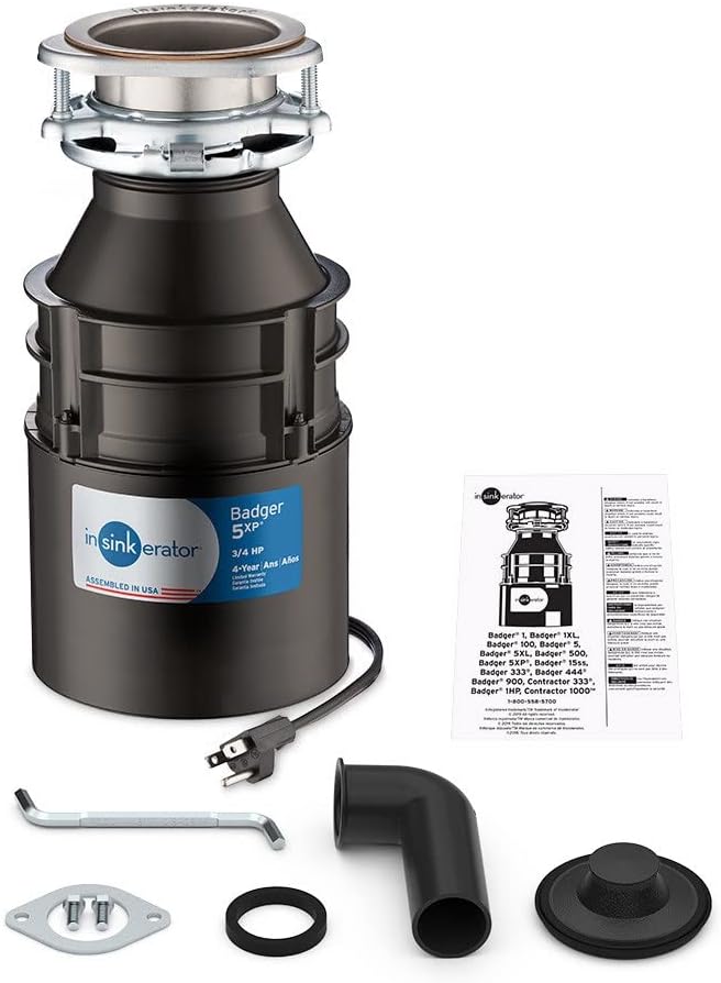 InSinkErator Garbage Disposal with Cord, Badger 5XP, Power Series, 3/4 HP Continuous Feed & PF WaterWorks PF0989 Garbage Disposal Installation Kit, White
