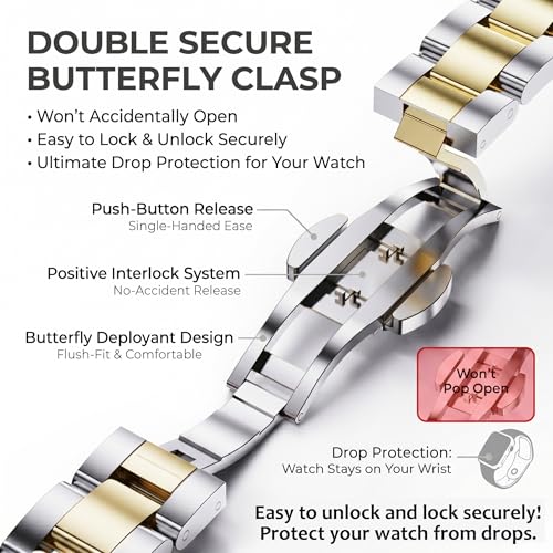Image of Slim Stainless Band for Apple Watch Series 11-1 /SE, Ultra 3-1 | Compatible with 49 /46 /45 /44 /42 /41 /40 /38mm, Jewelry Office Dressy Metal iWatch Strap for Women, Lightweight Two-tone Bracelet