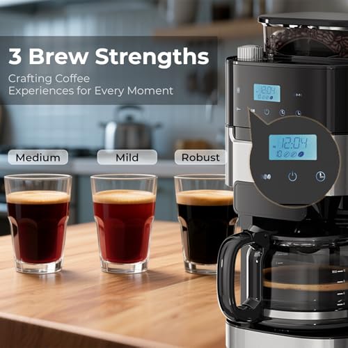 Image of Drip Coffee Maker with Built In Grinder, 10-Cup Grind and Brew Coffee Machine Fully Automatic, Programmable with Brew Strength, Permanent Filter, Glass Carafe, 50oz Water Tank, Ideal for Home /Office