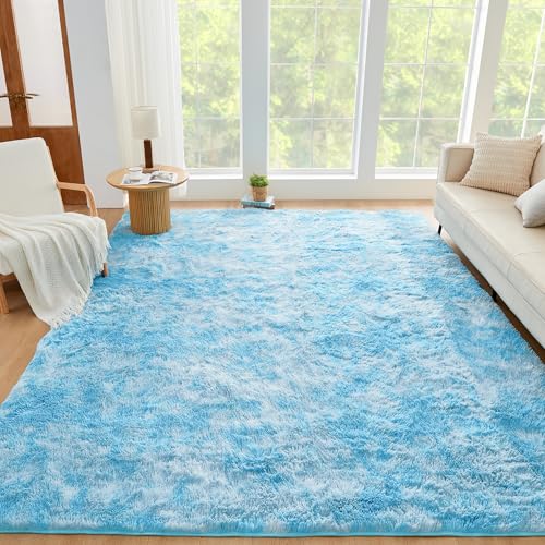 Litanika 8x10 Shag Area Rug for Bedroom, Tie-Dyed Sky Blue Plush Rug