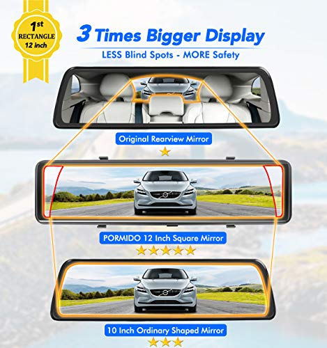 PORMIDO Mirror Dash Cam-Backup Camera 12"Large Full Touch Split Screen Front and Rear View Camera 1296P HD Waterproof Back up Car Camera 170° Wide Angle,Starlight Night Vision,Parking Monitor, SD Card