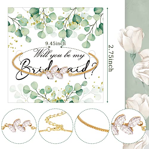 10 Sets Bridesmaid Gifts Leaf Bridesmaid Bracelets with Gifts Cards Tiny Zirconia Leaf Adjustable Bridal Crystal Bracelet for Women3