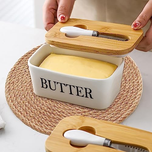 Image of MEETOZ Ceramic Butter Dish with Wooden Lid, Airtight Butter Keeper for Counter or Fridge with Stainless Steel Multipurpose Butter Knife, Butter Container with Double High-Quality Silicone