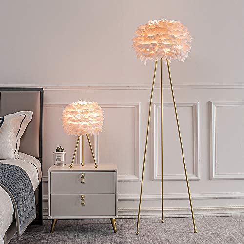 Maxax Feather Floor Lamp, Tripod Floor Lamp With Pink Feather Shade, Standing Light For Bedrooms/Dining Room/Living Room/Kitchen,Gold Classic #TOP5
