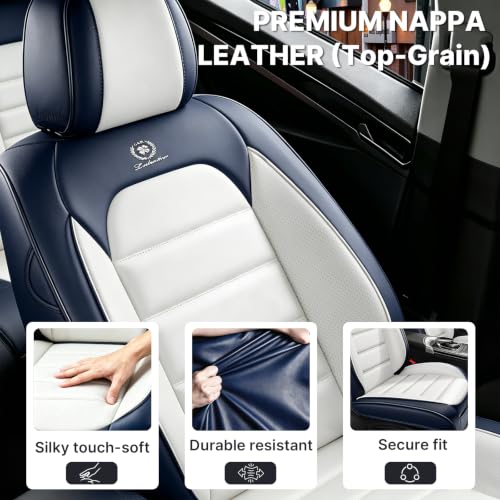 Image of Front Set Car Seat Covers for Jeep Compass 2007-2026, Waterproof Stain-Resistant Seat Cover, Premium Nappa Leather Seat Protectors with Storage Pockets(Standard 2 Seats /Blue&White)