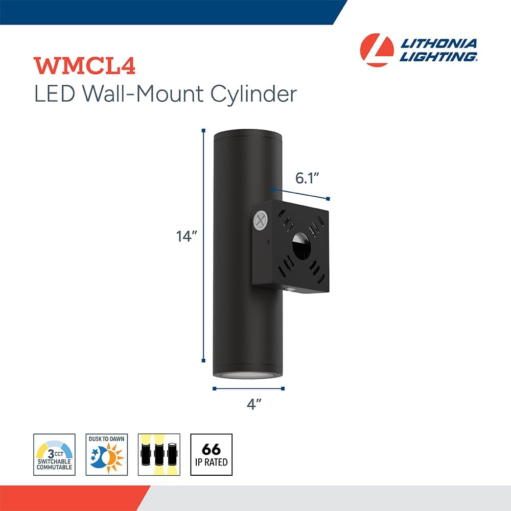 Lithonia Lighting WMCL 4 Inch LED Outdoor Wall Light, Modern Cylinder Outdoor Wall Sconce with Up/Down/Both Beam Direction, Selectable White Color, Photocell Dusk-to-Dawn, 45-Degree Beam Spread