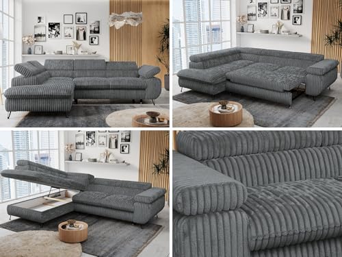 MKS MEBLE Ecksofa Wohnlandschaft L-Form mit Schlaffunktion und Bettkasten, Schlafsofa mit Bettkasten, Sofa mit Einstellbare Kopfstützen, Peter L - Cord - Links Dunkelgrau