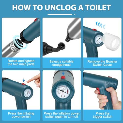 Image of Electric Toilet Plunger Air Powered Toilet Plunger High-Pressure Drain Unclogger Electric Plunger with Real-Time Visual Barometer, Stainless Steel Air Toilet Plunger for Bathroom, Floors, Shower