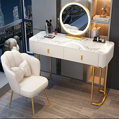 Moderno juego de tocador con espejo iluminado y taburete acolchado, mesa de maquillaje blanca y dorada para dormitorio y sala de maquillaje (47.2 pulgadas)